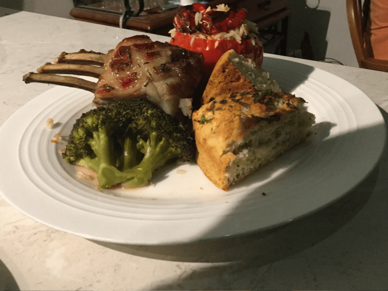 Lamb Rack with Stuffed Peppers and Broccoli 